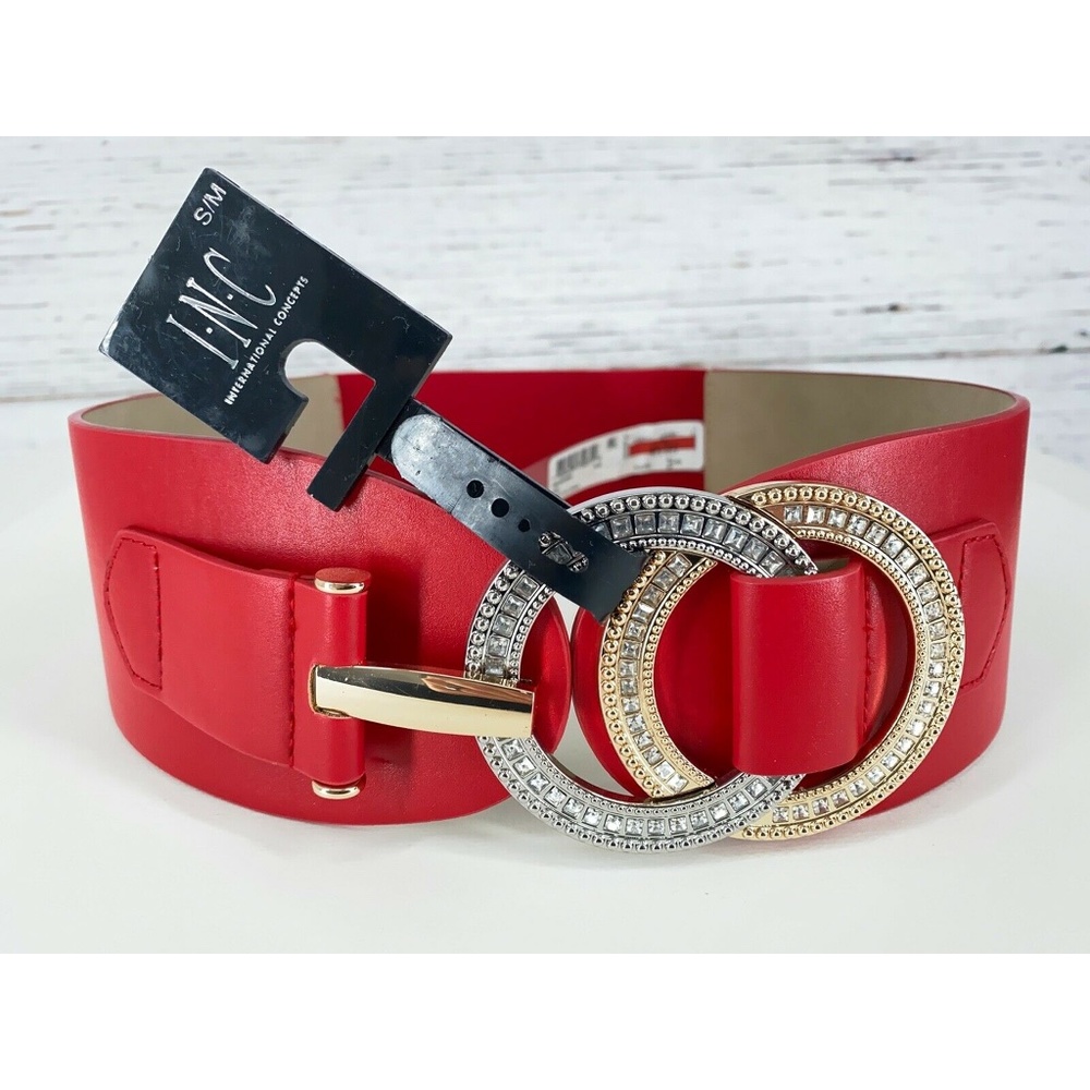 INC International Concepts Red Wide Belt with Gold & Silver Rhinestone Buckles